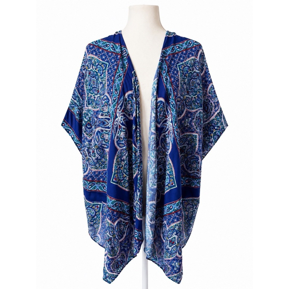 ARTESIA Women's L /XL Blue Paisley Kimono Cardigan Open Front Boho Rayon Ruana